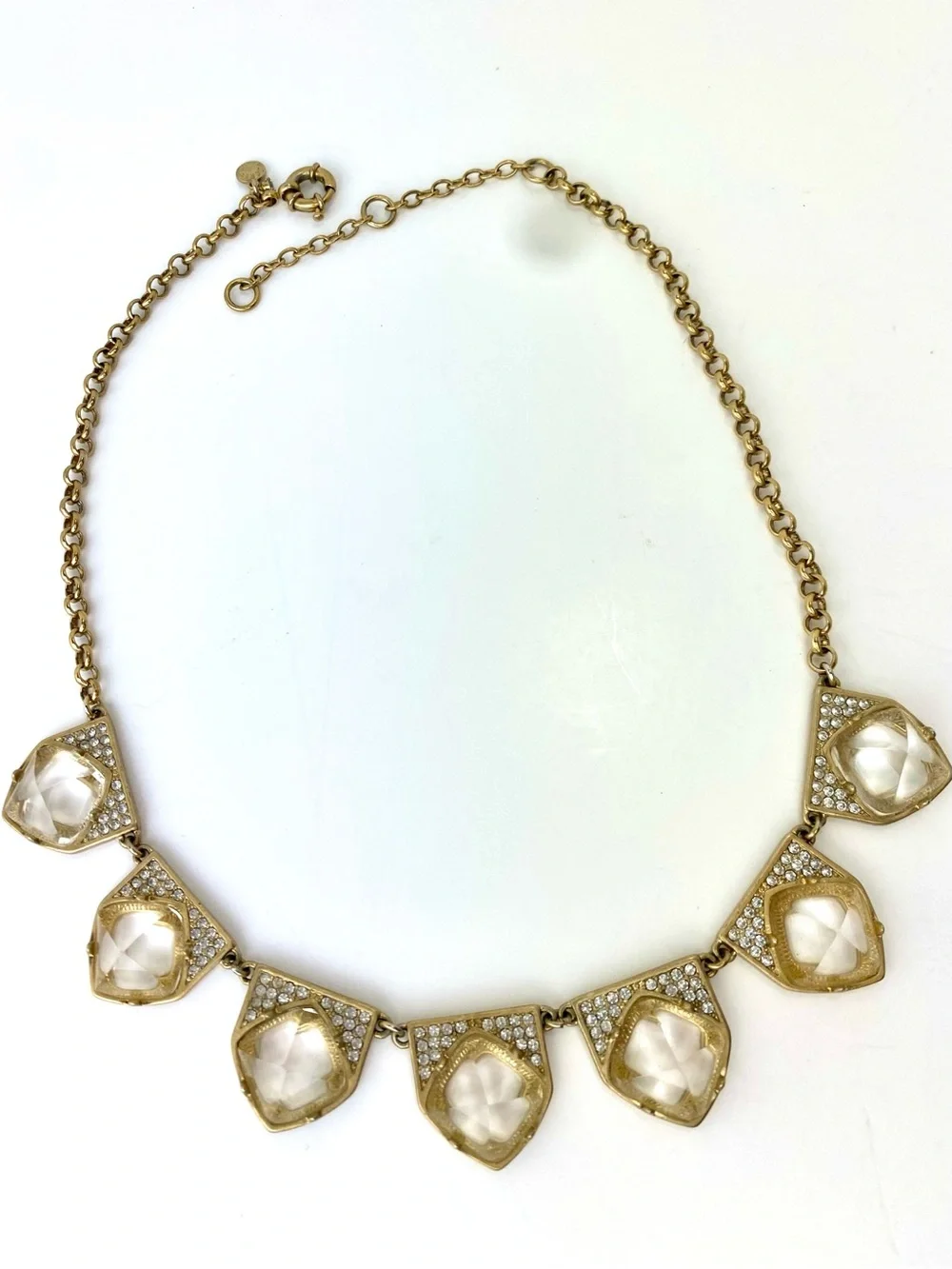J Crew Statement Necklace with Clear Faceted Crystals & Gold Chain
